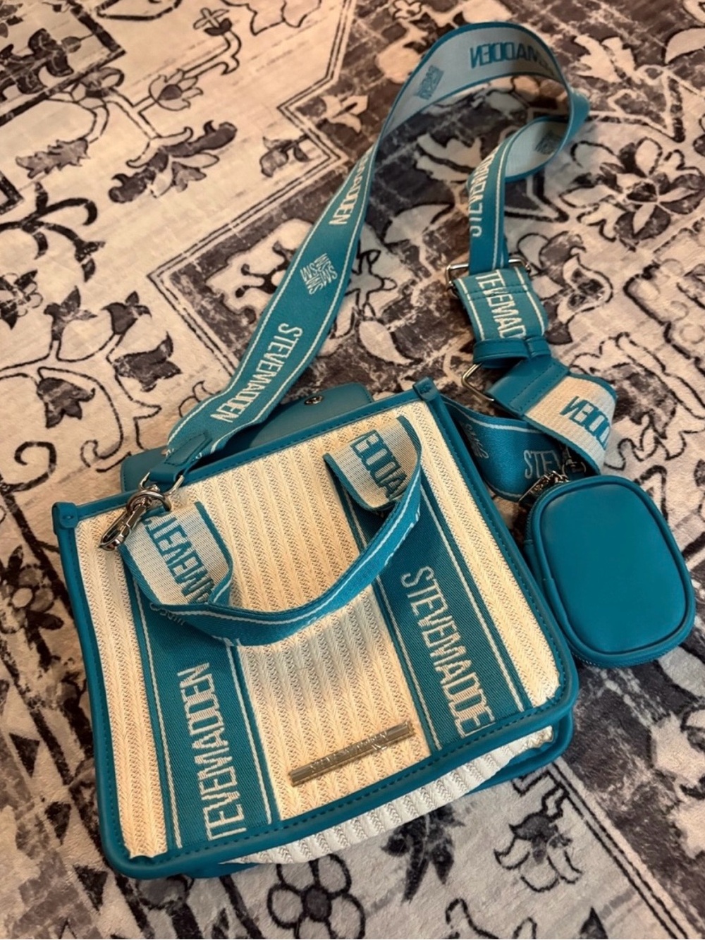 Steve Madden Teal and Cream Logo Webbing Crossbody Bag